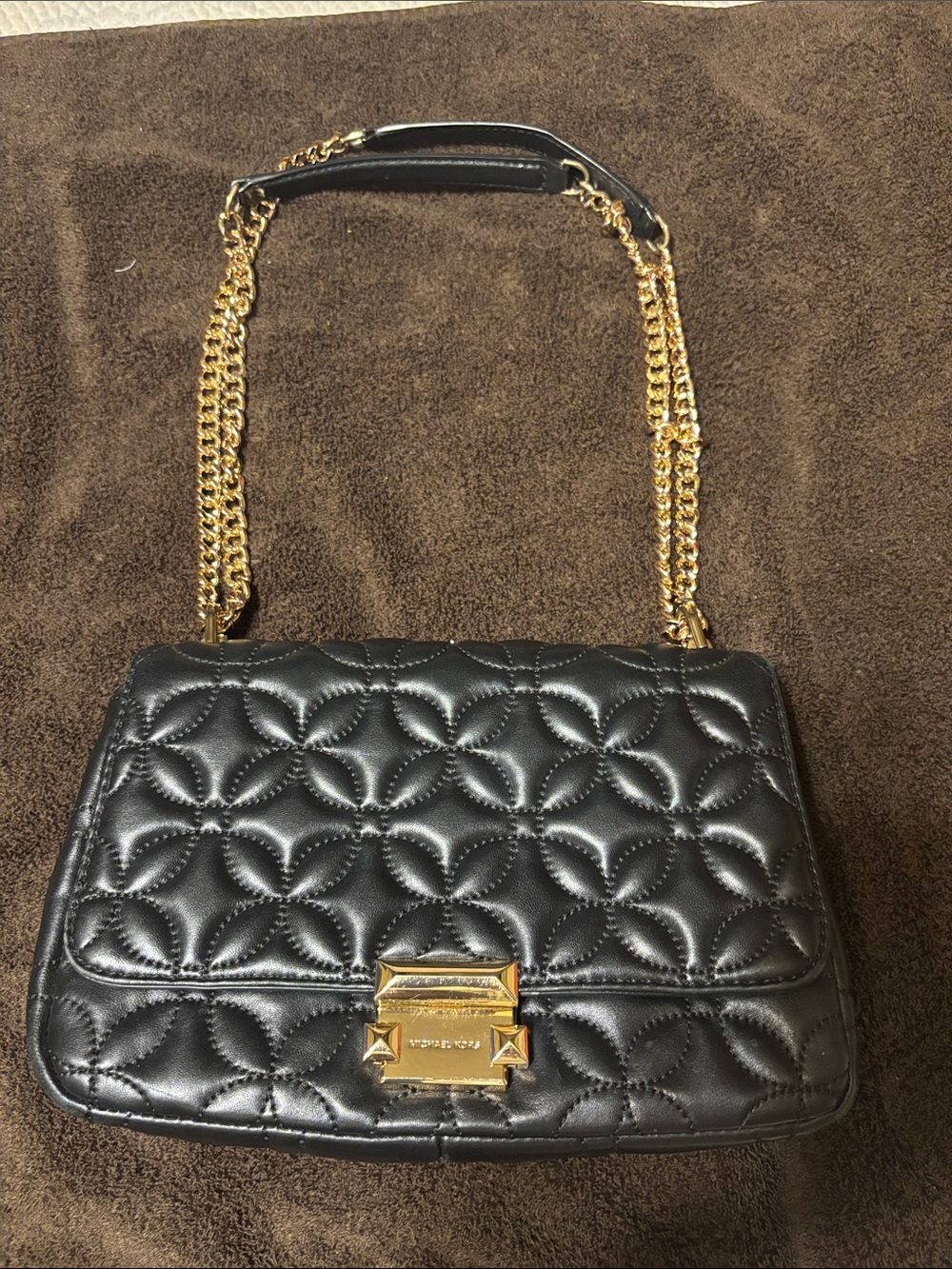 Quilted Black Leather Michael Kors Shoulder Bag with Gold Chain